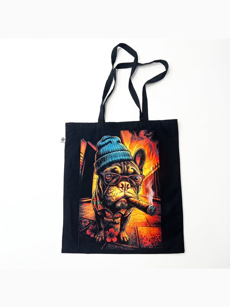 Tote bag noir Frenchy, bouledogue français avec bonnet et cigare