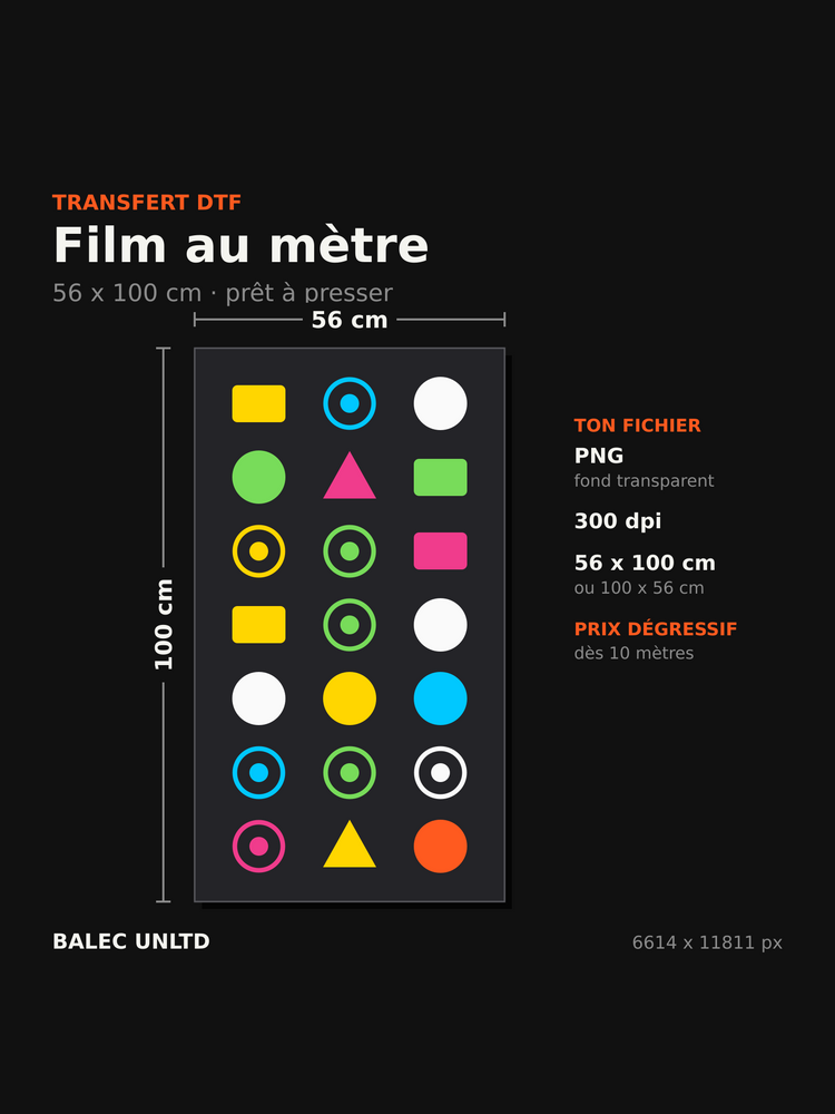 Transfert DTF au mètre 56 x 100 cm : fichier PNG transparent 300 dpi